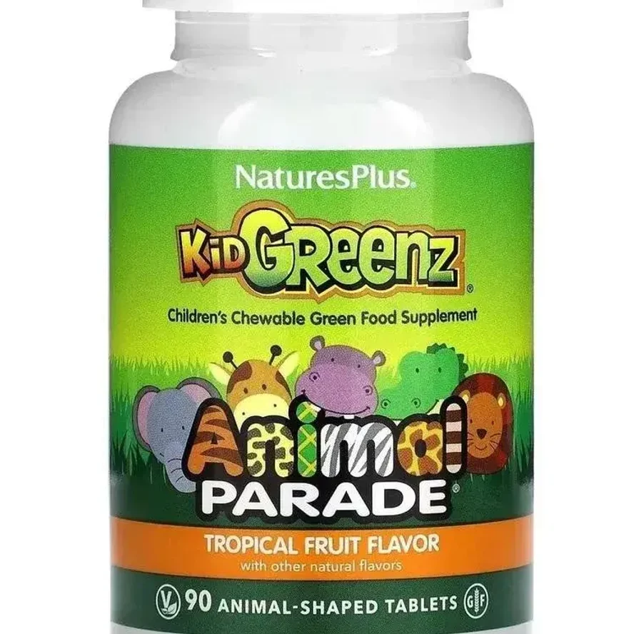 NaturesPlus, Animal Parade®, Kid Greenz®, пищевая добавка для детей с натуральным вкусом зелени, тропические фрукты, 90 таблеток в форме животных